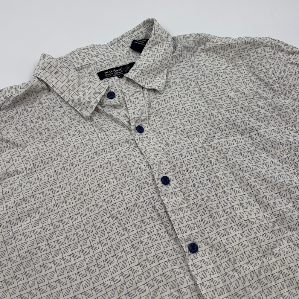 Nat Nast Men's XXL White Silk Casual Geometric Short Sleeve Button Down Shirt